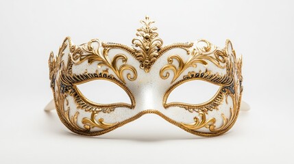 Intricately designed masquerade mask with ornate gold detailing typical of an opera carnival set against a white background