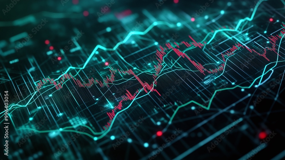 Poster digital financial chart with glowing lines and data points on a dark background.