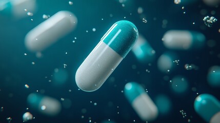 The white and blue-green capsules rendered in surrealist 3D float in the air, with a deep blue background surrounded by other pills. Highlight contemporary innovation in medicine and health.