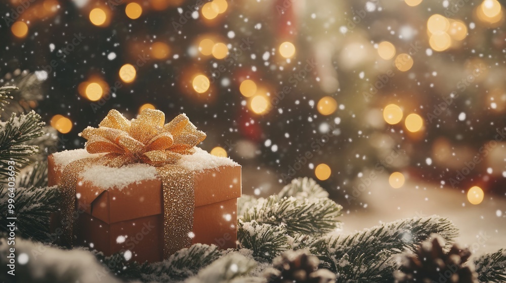 Poster festive backdrop featuring a gift box and a snow covered pine tree complemented by a bokeh effect pe