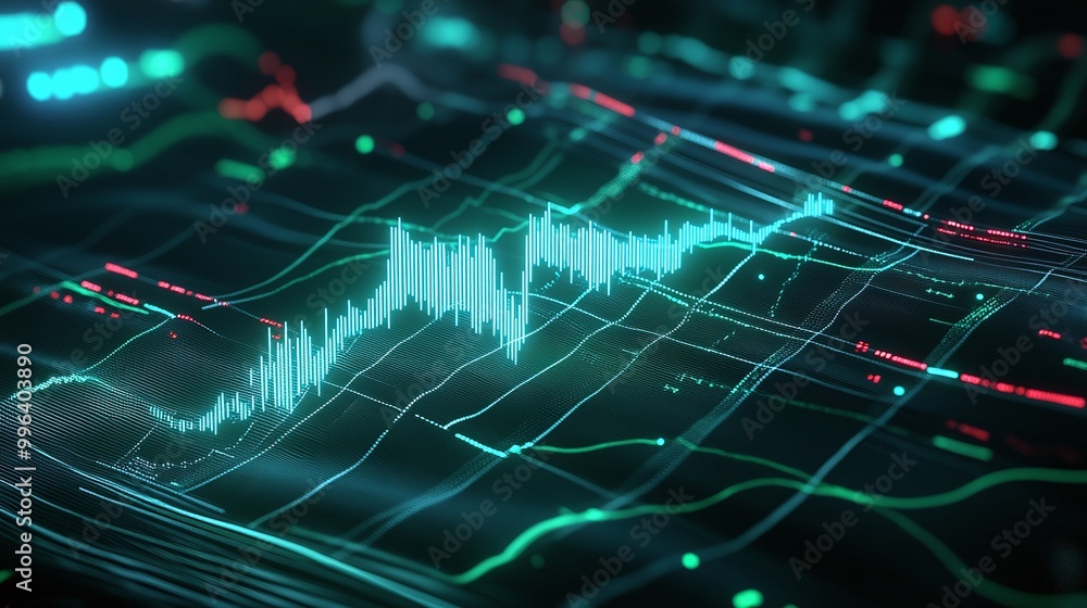 Poster digital financial graph displaying fluctuating data trends and statistics in vibrant green and red c