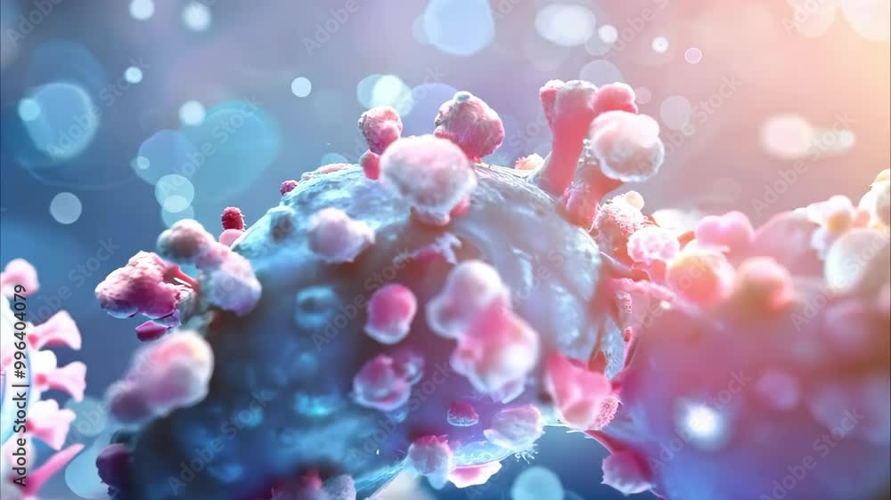 Poster a close-up, artistic rendering of a virus structure with protruding spikes, showcasing colorful deta