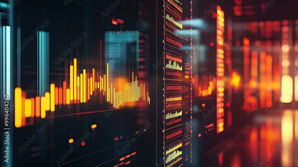 Aufkleber business background featuring data analysis charts and financial statistics overlayed on a high-tech