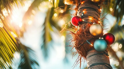 Cheerful and tropical Christmas coconut tree, adorned with ornaments and lights, creating a bright and joyful holiday atmosphere
