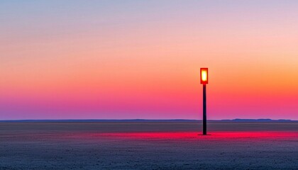 Lone lamp post glowing against a vibrant sunset sky.
