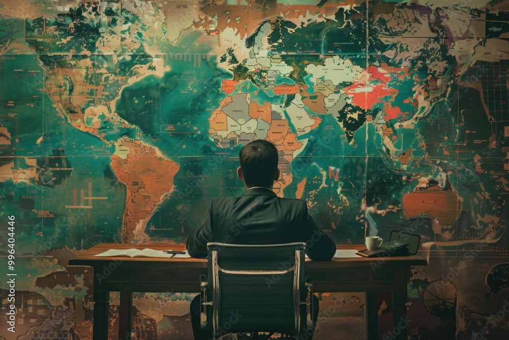 Poster a person sitting at a desk with a map in front of them, possibly planning a trip or navigating an ar