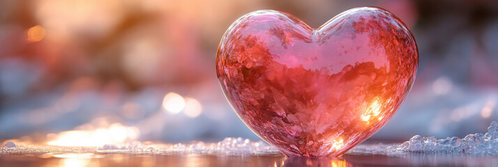 A close-up of a red glass heart on a reflective surface.