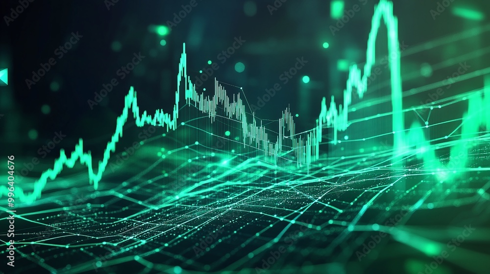Poster digital financial graph with fluctuating green lines representing market trends and data visualizati