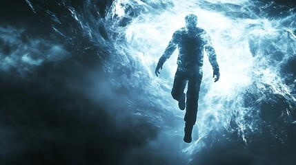 Silhouette of a Man Emerging from a Whirlwind of Light.