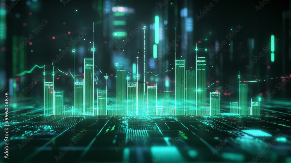 Poster digital financial graphs and data visualization on a futuristic background.
