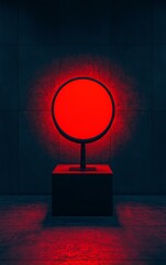 Red circular light on a pedestal against a dark background.