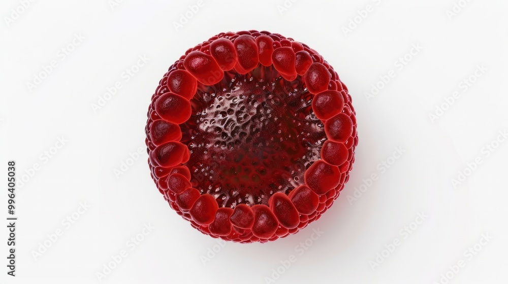 Poster a 3d rendering of a red blood cell, emphasizing its unique biconcave shape and highlighting the memb