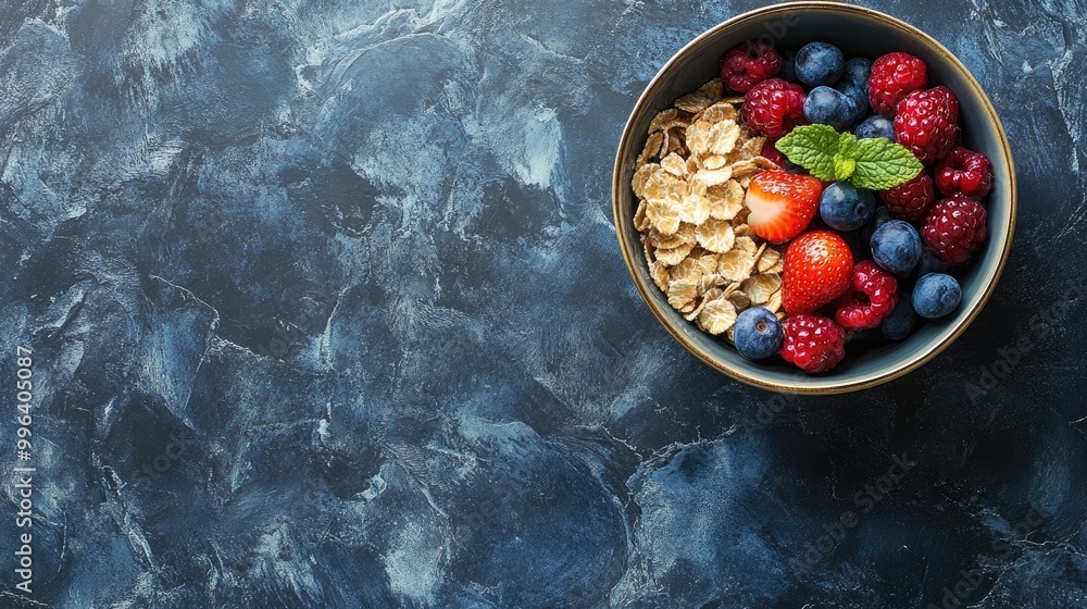 Poster cereal and berry fruit bowl from above with ample empty space for text