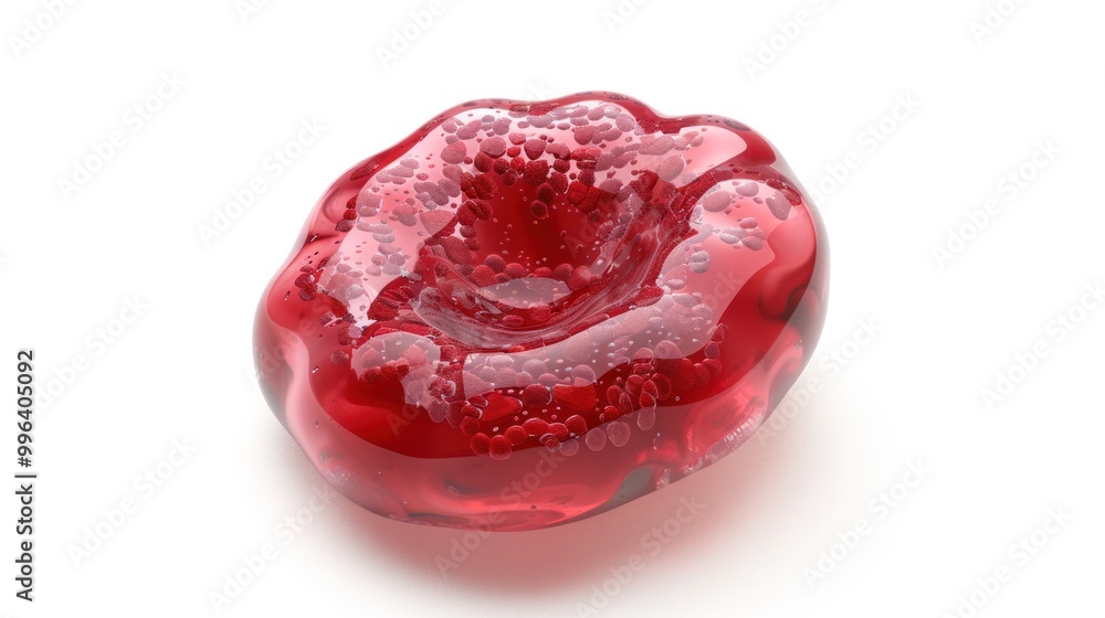 Poster a 3d rendering of a red blood cell, emphasizing its unique biconcave shape and highlighting the memb