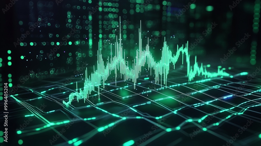 Poster digital graph displaying data trends and fluctuations in vibrant green hues on a grid background.