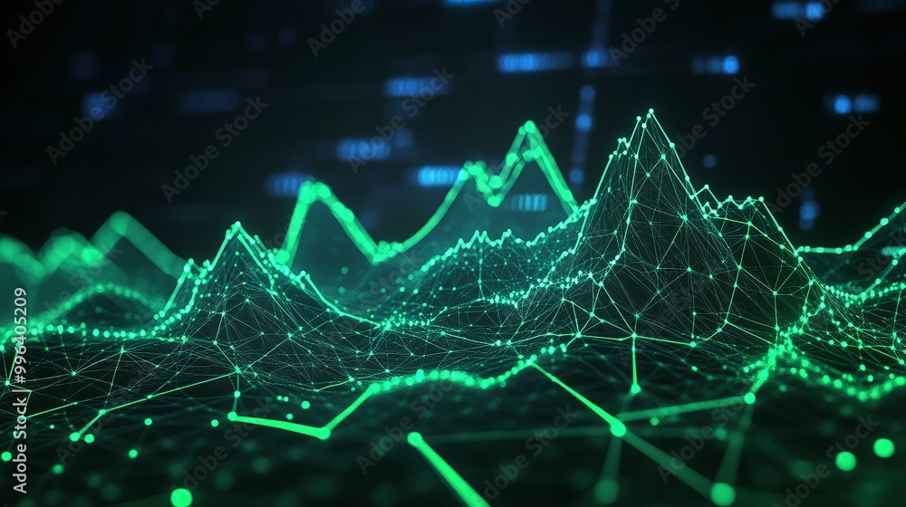 Poster digital graph representing data trends with green lines on a dark background.