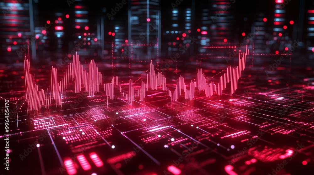 Poster digital graph visualization on a dark background, illustrating data trends with red lines and grids.