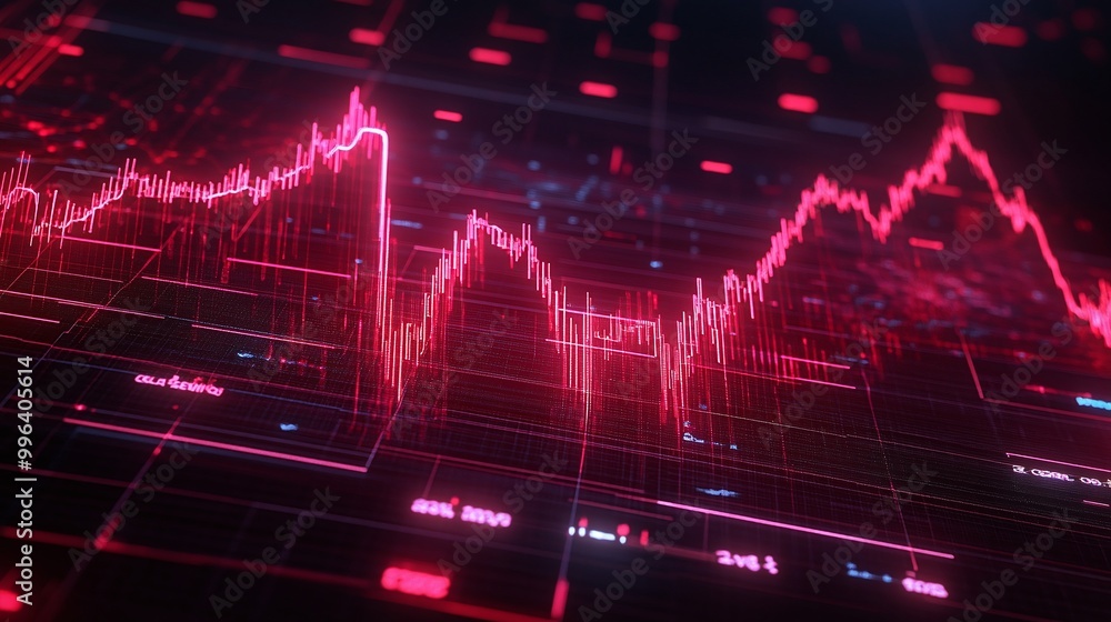 Poster digital market trend graph visualizing financial data in red tones.
