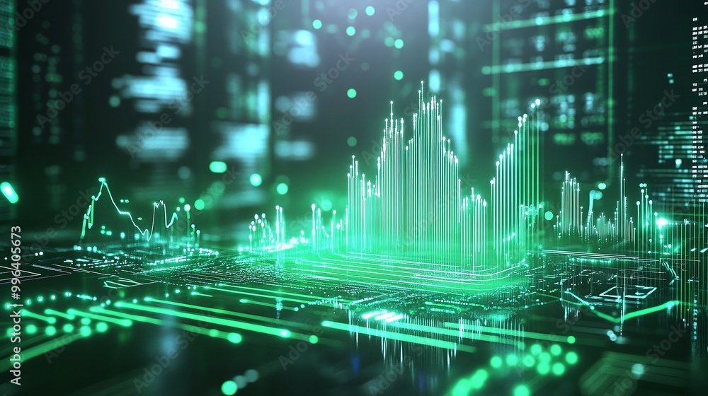 Poster digital green stock market data visualization with dynamic graphs and futuristic elements.