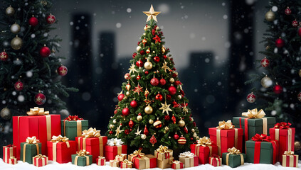 Huge decorated Christmas tree with bright lights, ornaments, and gifts underneath. Festive holiday scene with presents, glowing lights, and vibrant decorations. Christmas Spirit.