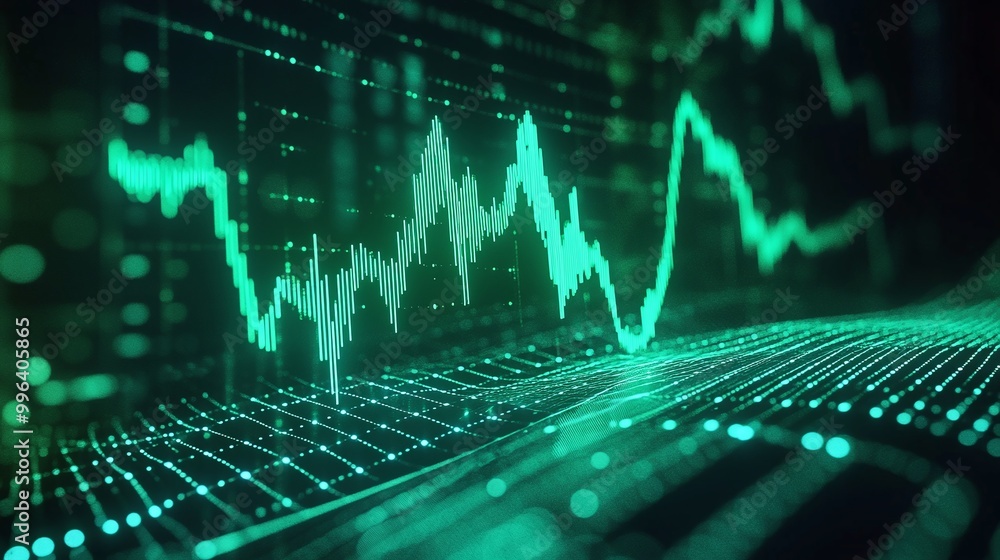 Poster digital representation of data with green wave patterns on a dark background.