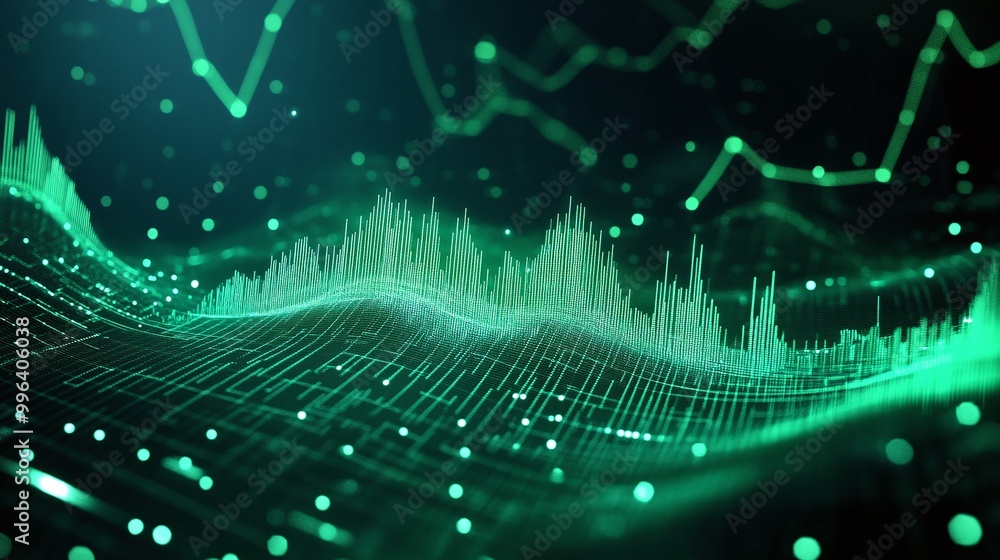 Aufkleber digital sound wave representation in green hues, illustrating data analysis and audio visualization.