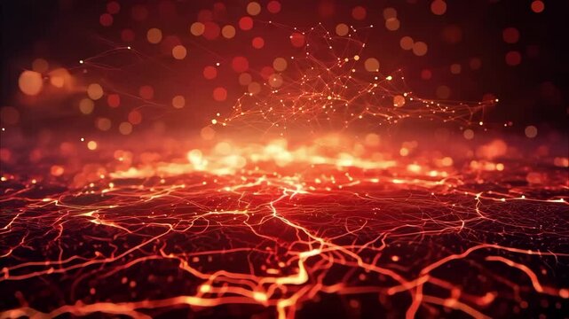 A close-up view of molten lava with glowing cracks and sparks, creating a fiery and dynamic texture.