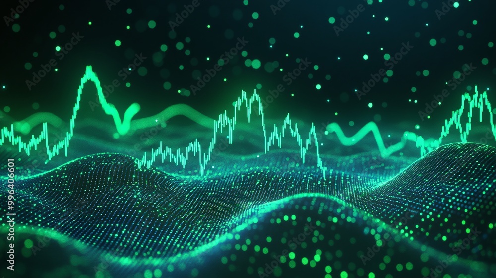 Poster digital sound waves represented in vibrant green against a dark background, showcasing rhythmic patt