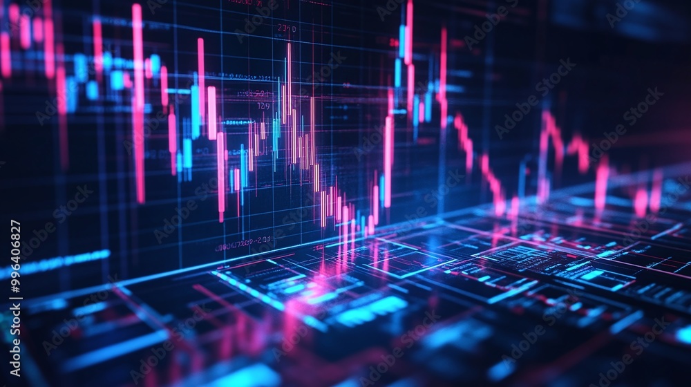 Poster digital stock market chart displaying fluctuating prices and data trends on a dark background.