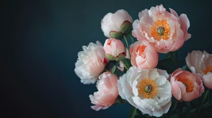 Surreal bouquet of peonies against a dark background featuring a soft focus Floral composition for a spring or summer theme