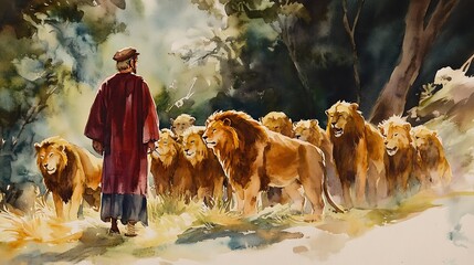 Man with Lions in a Watercolor Painting.