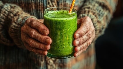 A Senior Man s Hands Hold a Bright Green Smoothie Reflecting a Commitment to a Healthy Lifestyle