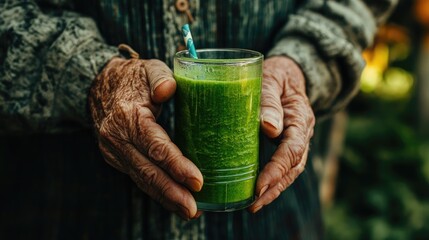 A Senior Man s Hands Hold a Bright Green Smoothie Reflecting a Commitment to a Healthy Lifestyle