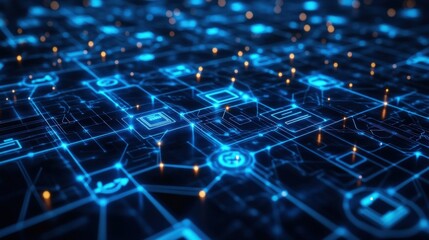 Abstract digital network with glowing lines and icons.