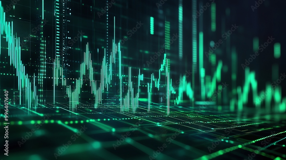 Poster digital stock market data visualization with green graphs and futuristic design.