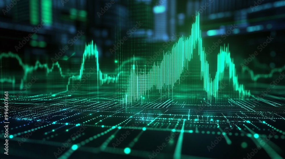 Poster digital stock market data visualization with green graphs on a futuristic network background.