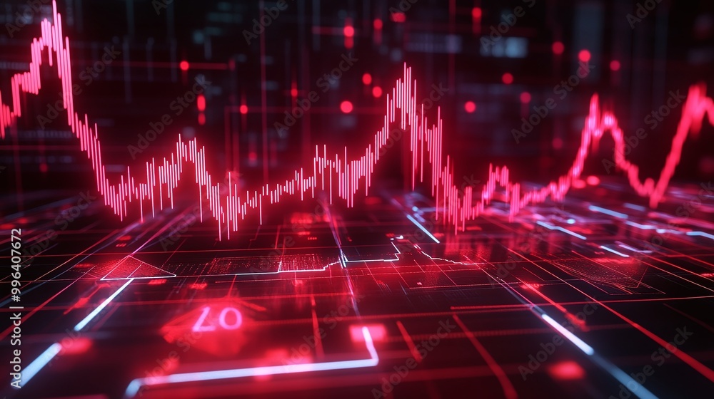 Poster digital stock market data visualization with red graph lines and glowing elements.