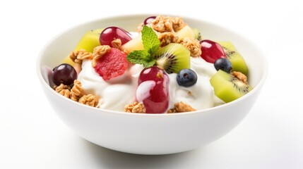 A bowl of colorful mixed fruit salad, topped with a dollop of Greek yogurt and a sprinkle of granola, arranged on a white background.