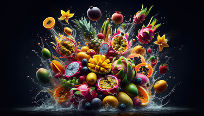 A vibrant display of tropical fruits exploding against a dark background, showing freshness.