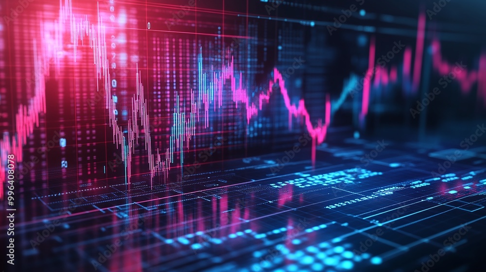 Poster digital stock market data visualization with vibrant charts and graphs on a futuristic interface.