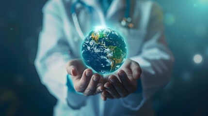 Compassionate Health Doctor Holding Planet Earth Symbolizing Global Medical Care with Space for Your Message