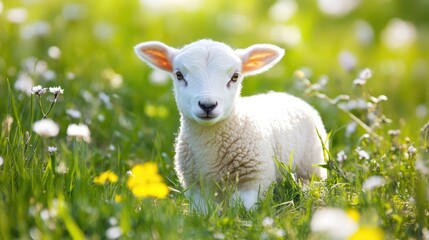 Obraz premium Adorable young lamb feeding in a lush green meadow during spring