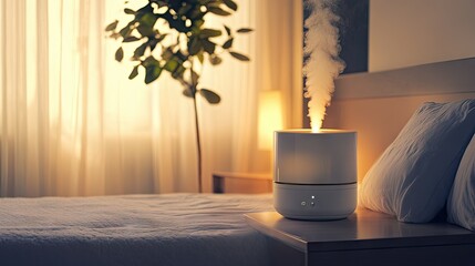 A modern air humidifier placed on a bedside table, with soft mist creating a calming ambiance for a restful nights sleep.