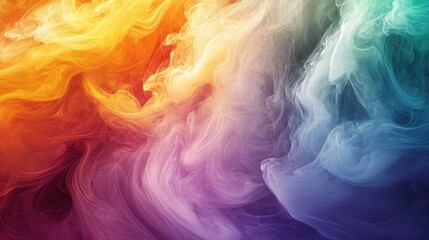 Obraz premium Rainbow smoke swirls of every color merge softly with white mist, creating a vibrant and dreamy background with flowing shapes.