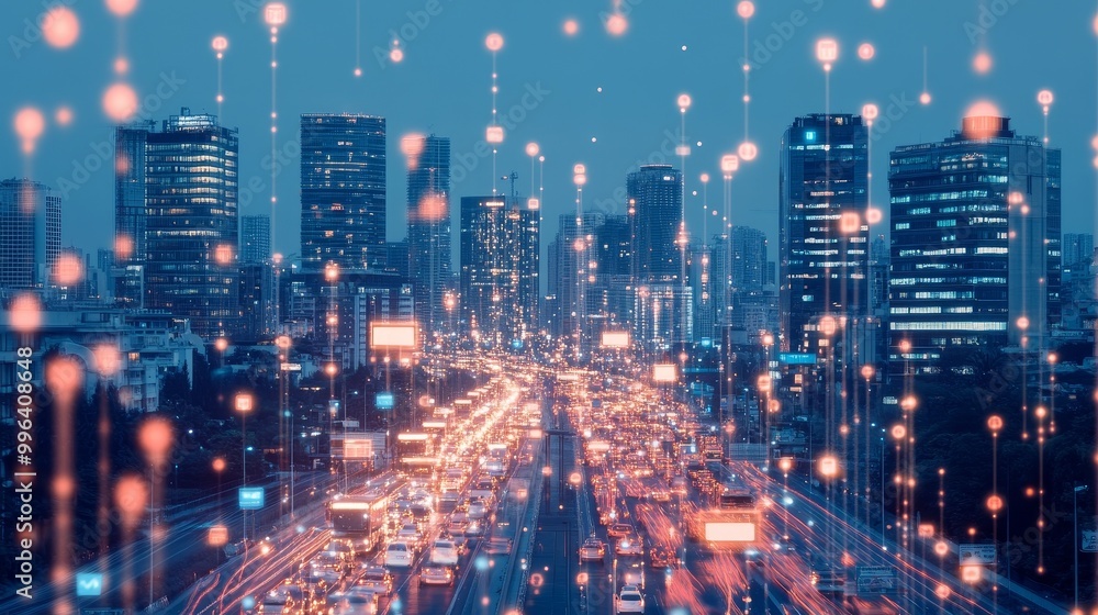 Poster artificial intelligence enhancing digitalization in urban development, streamlining paperwork, optim