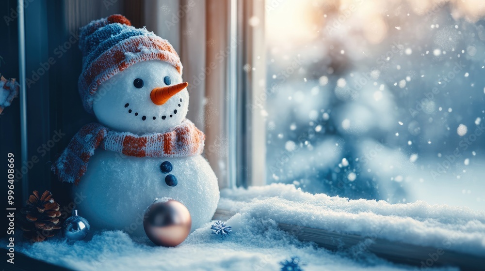 Poster sad snowman gazing out the window surrounded by a frosty scene adorned with snow and ice creating a 