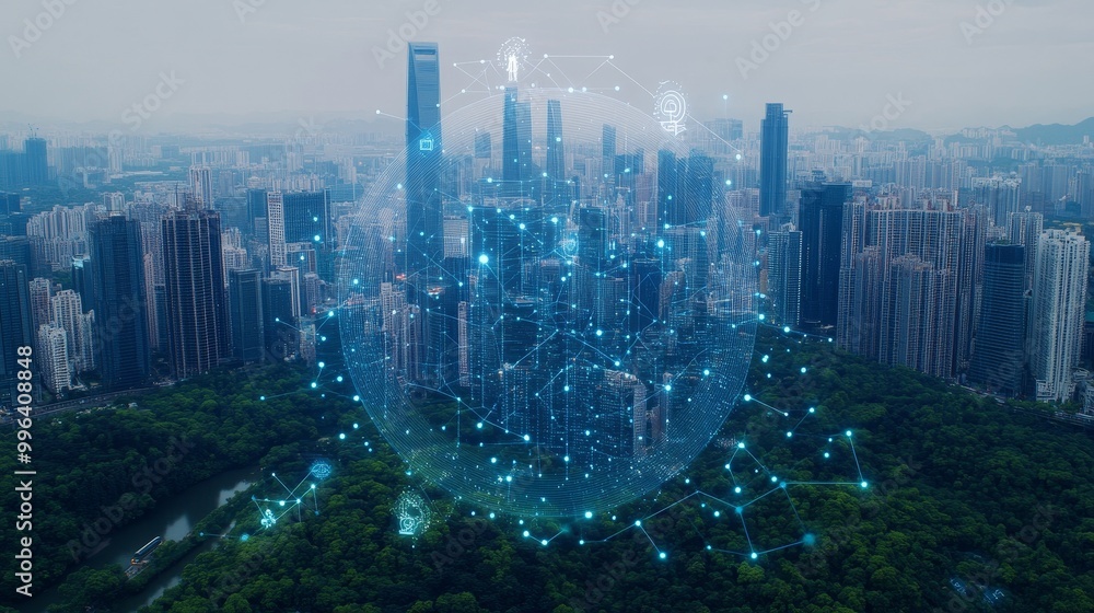 Poster artificial intelligence enhancing digitalization in urban development, streamlining paperwork, optim
