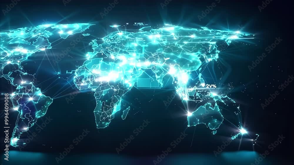 Poster a digital world map with glowing connections, representing global networks and technology.