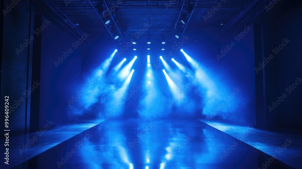 Poster illuminated blue stage lights create an atmospheric scene with fog and a mirrored floor