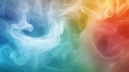 Soft white smoke blends with wisps of rainbow-colored swirls in red, blue, green, and yellow, forming a dreamy, ethereal background.